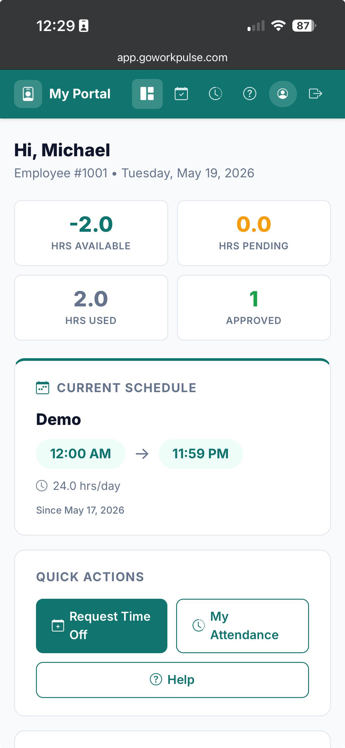 WorkPulse employee portal on mobile showing self-service workforce tools
